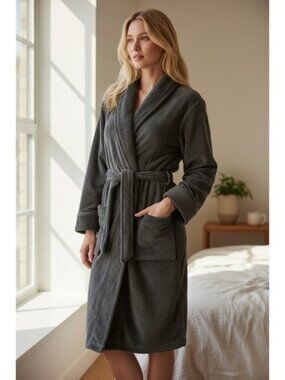 BROOKSTONE NAP Ultra Plush Unisex Bathrobe Gray Size S/M